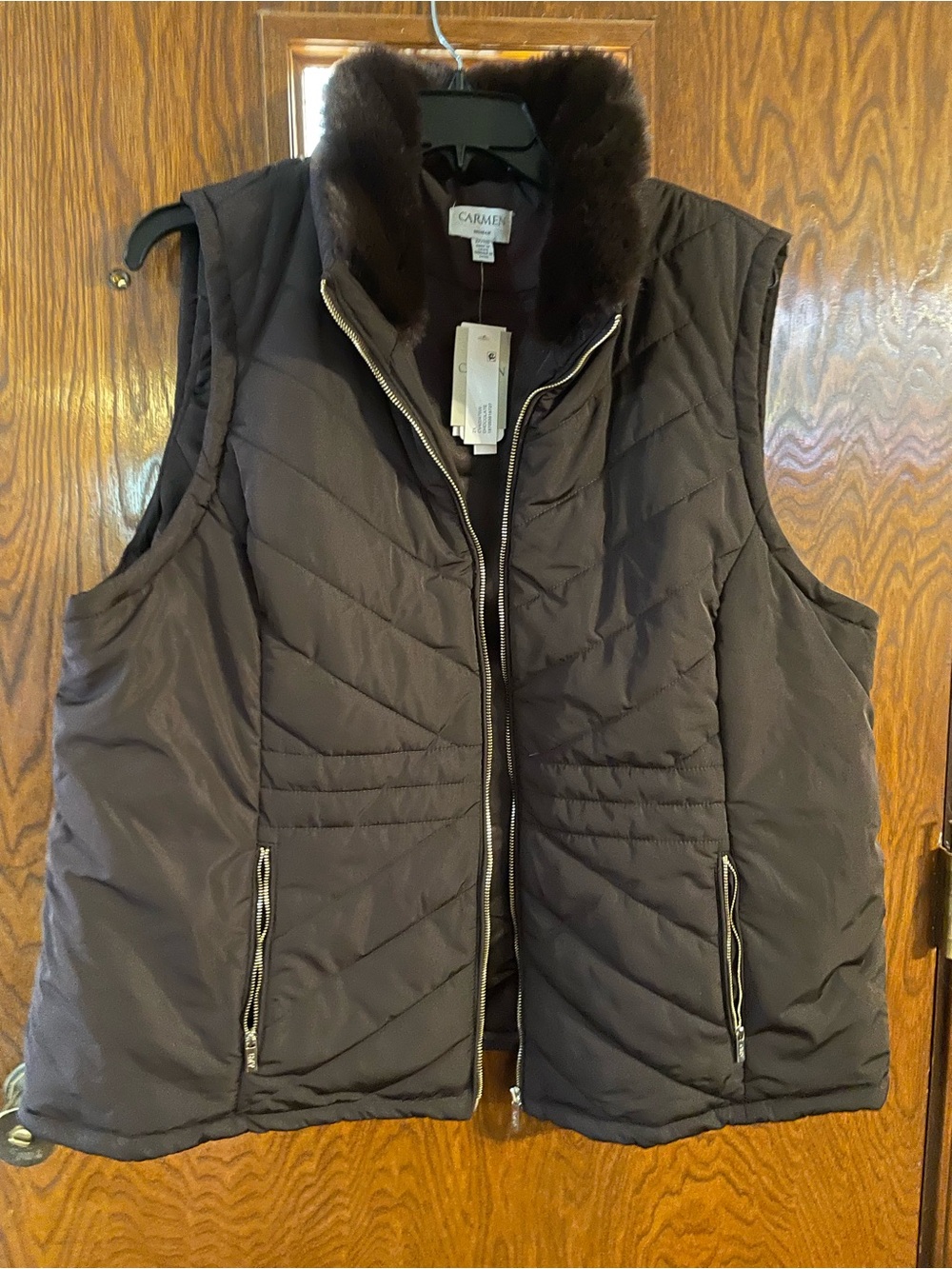 Carmel Brown Quilted Puffer Vest with Faux-Fur Collar